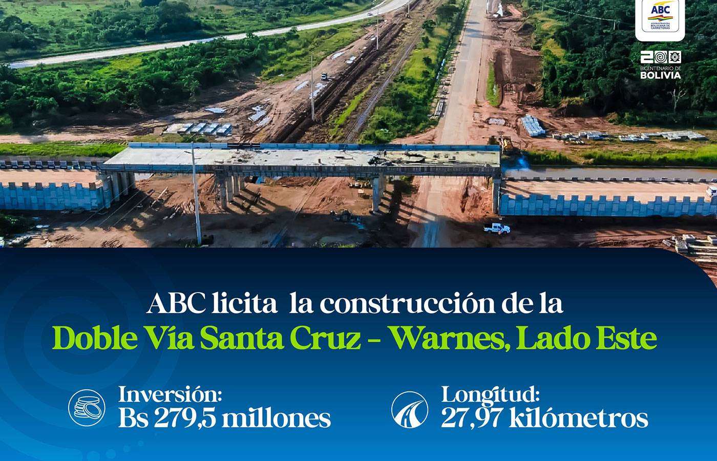 Bolivia: ABC licita la Doble Vía Santa Cruz – Warnes, lado este